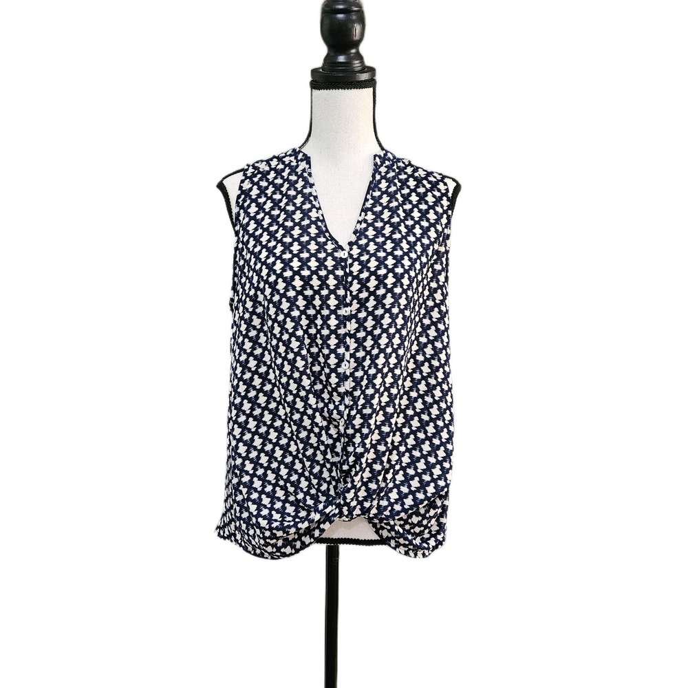 West Kei Medium Blue White Ikat Twist Front Sleeveless Blouse TU39875-C